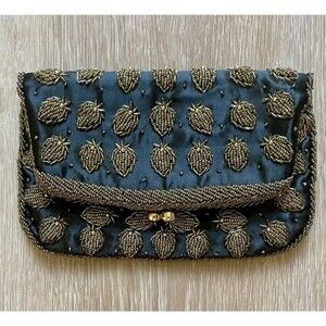 Vintage Black Satin Beaded Clutch Evening Bag Clutch Minaudiere